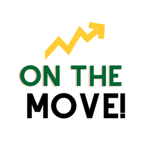 image shows an arrow point up with words that say "On the move"
