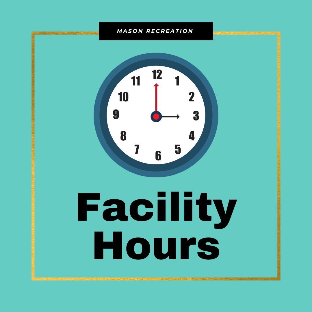Green square that features a clock and the words, "Facility Hours".